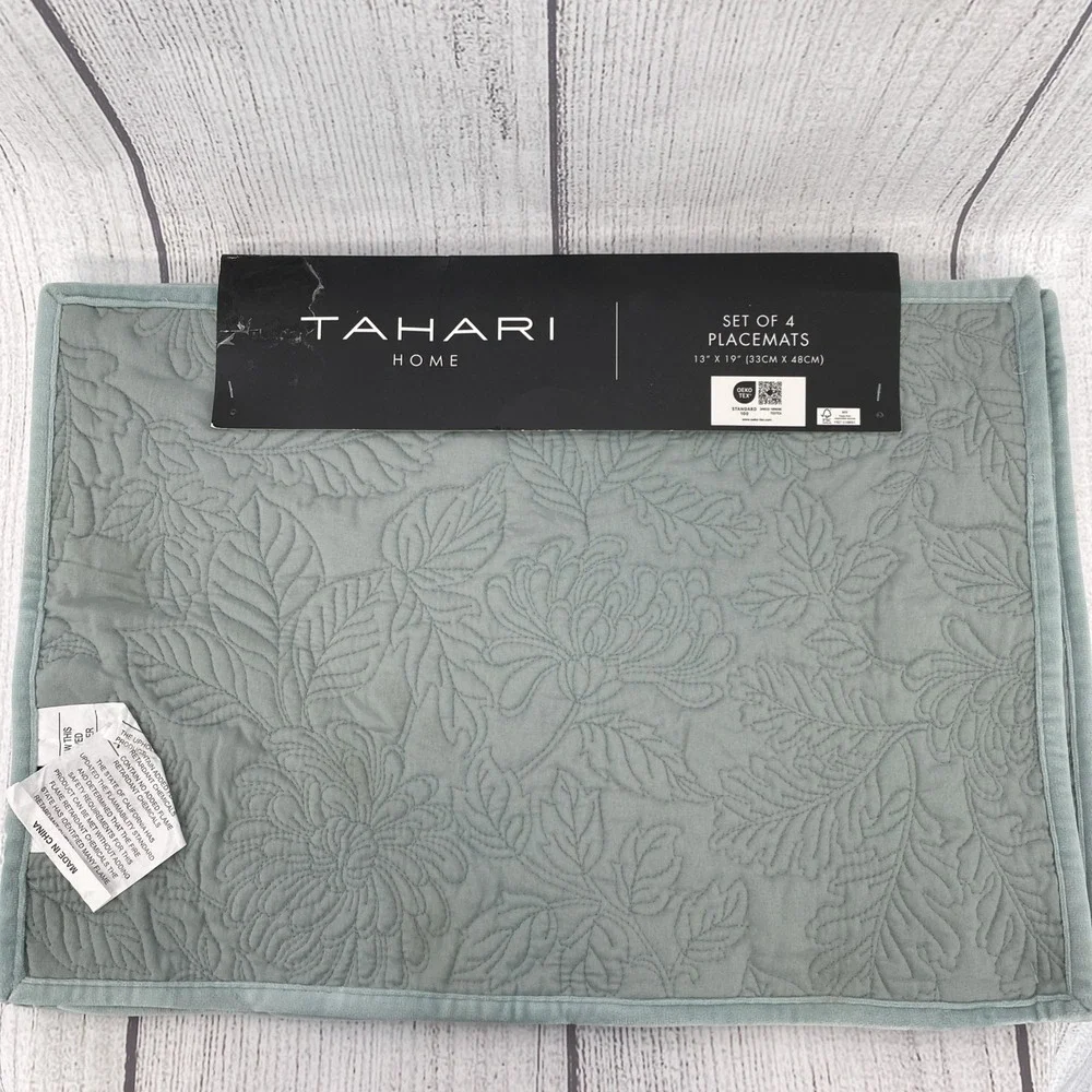 Tahari Home Placemats (Set of 4) Blue Velvet Embroidered Leaves Elegant Everyday